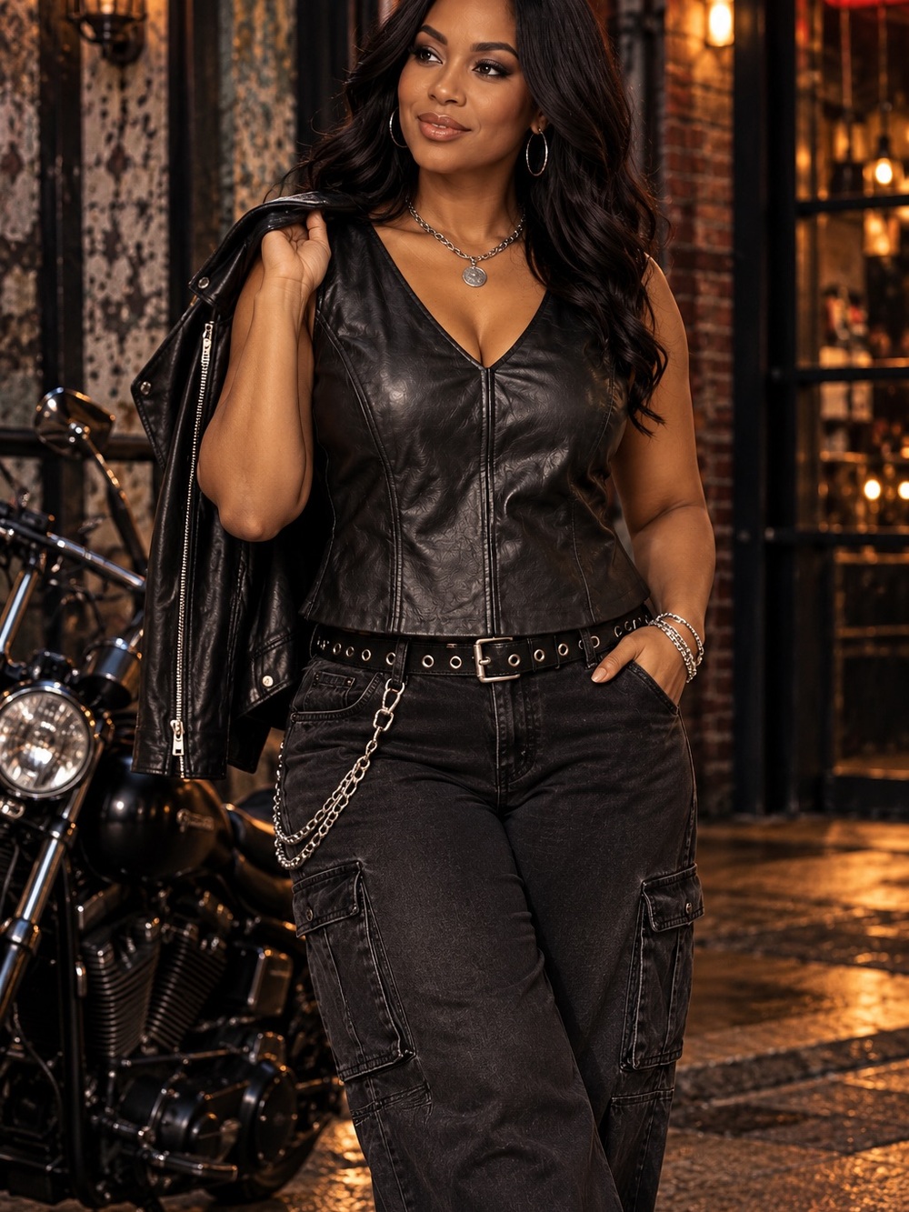 Vintage Soft Leather front V-Neck with back stretch Vest. Y2K era- Black